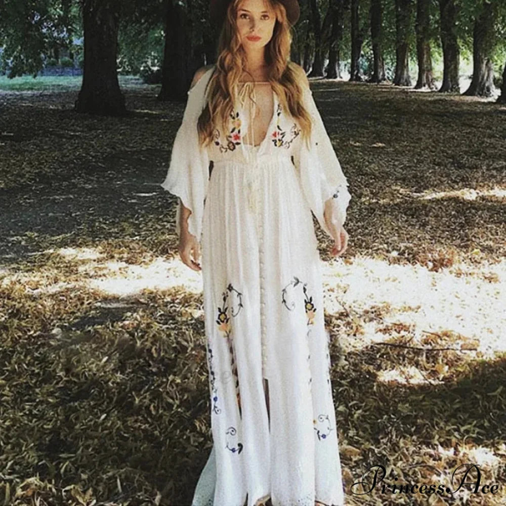 White Long Dress Deep Plunge-neck Floral Stitching Cotton Rayon Summer Dress