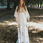 White Long Dress Deep Plunge-neck Floral Stitching Cotton Rayon Summer Dress