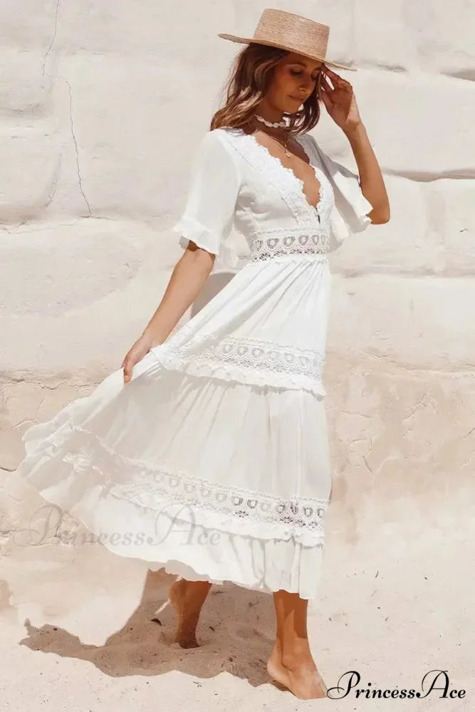 White Long Dress Hollow Waist Deep V-neck Dress