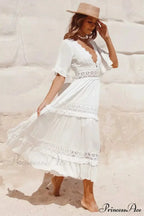 White Long Dress Hollow Waist Deep V-neck Dress