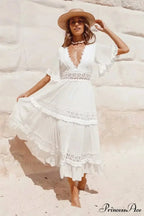 White Long Dress Hollow Waist Deep V-neck Dress
