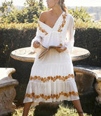 White Profound Plunge Neck Extended Sleeve Dress