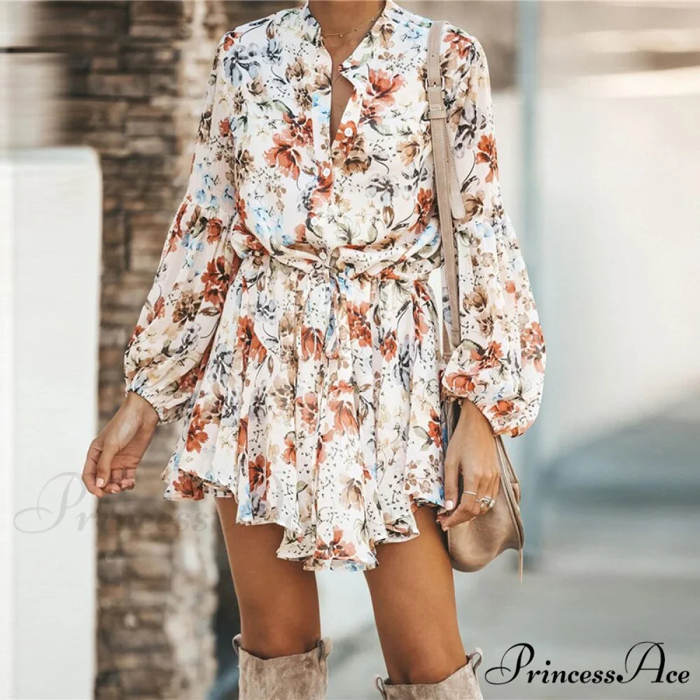 White Ruffled Lantern Sleeve Elegant Mini Vintage Print Irregular Dress