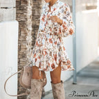 White Ruffled Lantern Sleeve Elegant Mini Vintage Print Irregular Dress