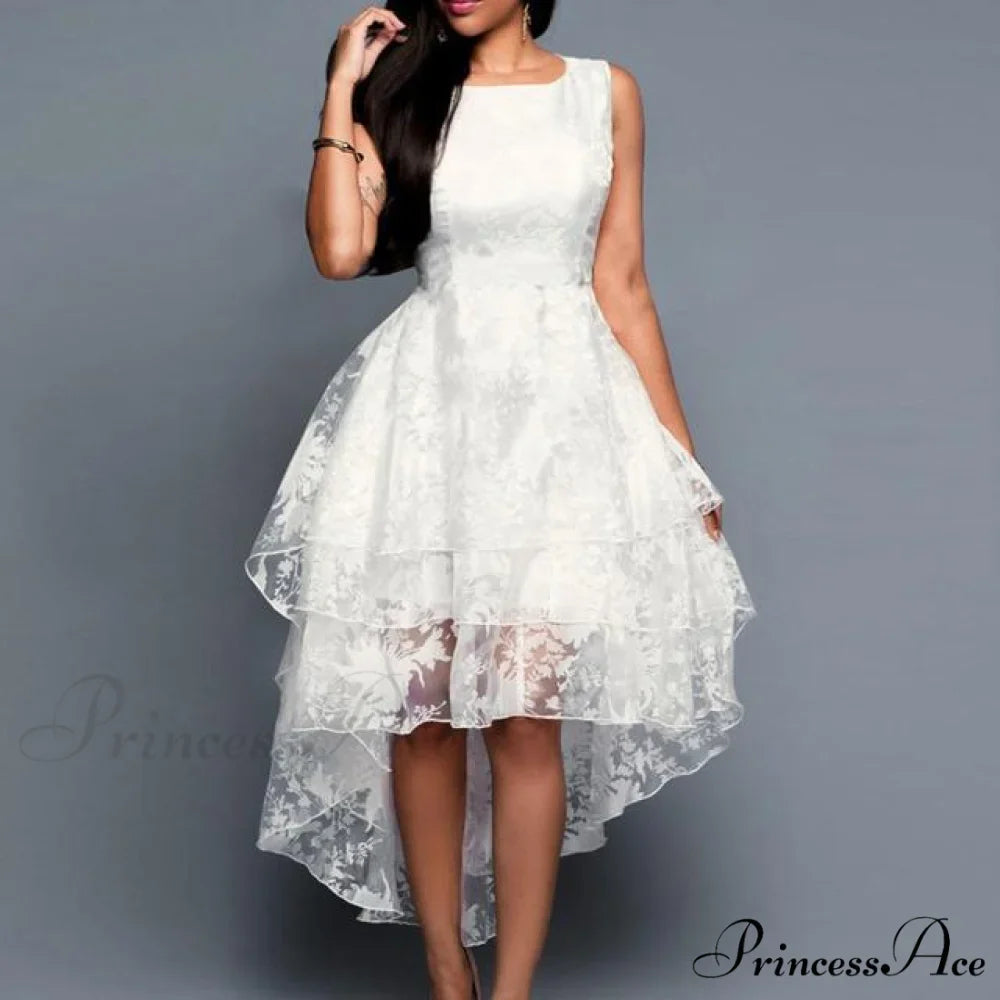 White Sleeveless O Neck Lace Dress