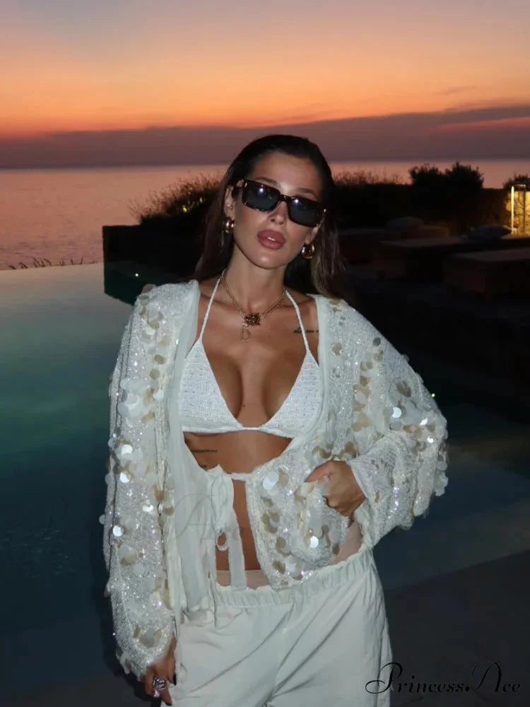 White Sparkling Lace-up Blouse Jacket