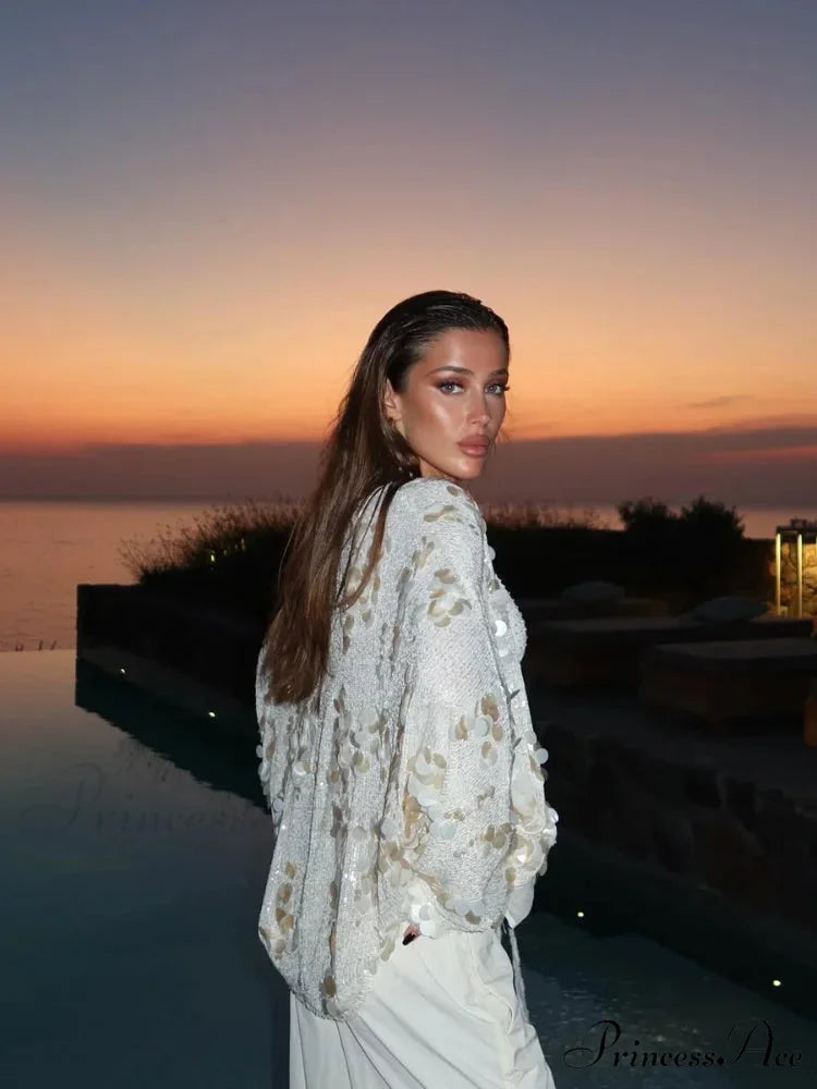 White Sparkling Lace-up Blouse Jacket