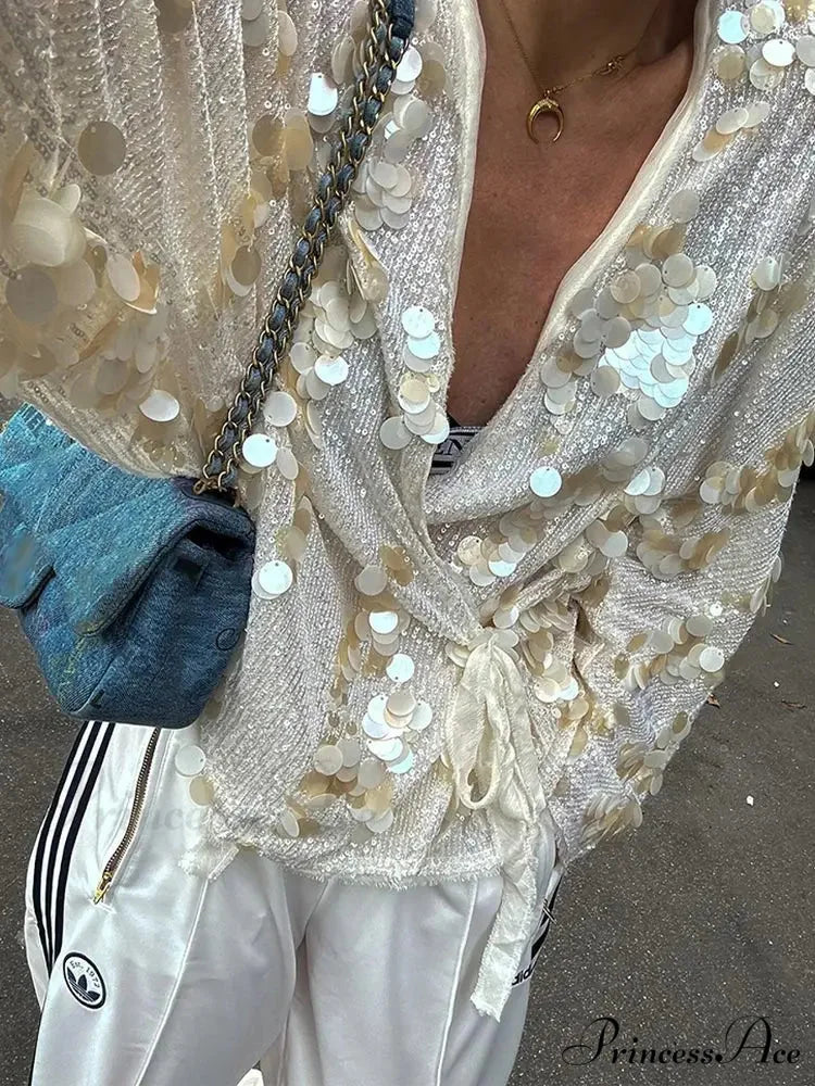 White Sparkling Lace-up Blouse Jacket