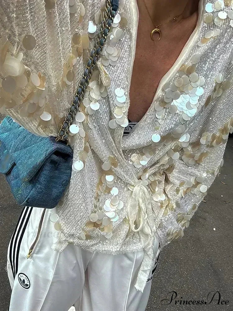 White Sparkling Lace-up Blouse Jacket