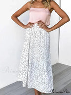 White Spots Floral Pattern Pleated Midi Skirt with Pockets