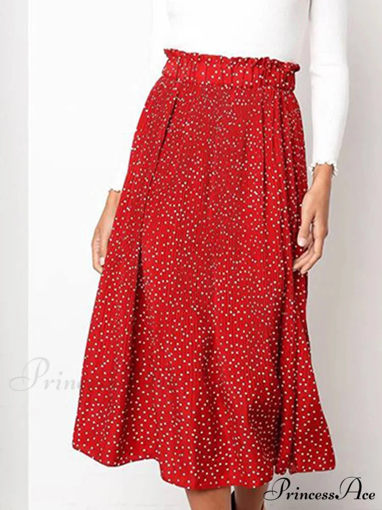 White Spots Floral Pattern Pleated Midi Skirt with Pockets