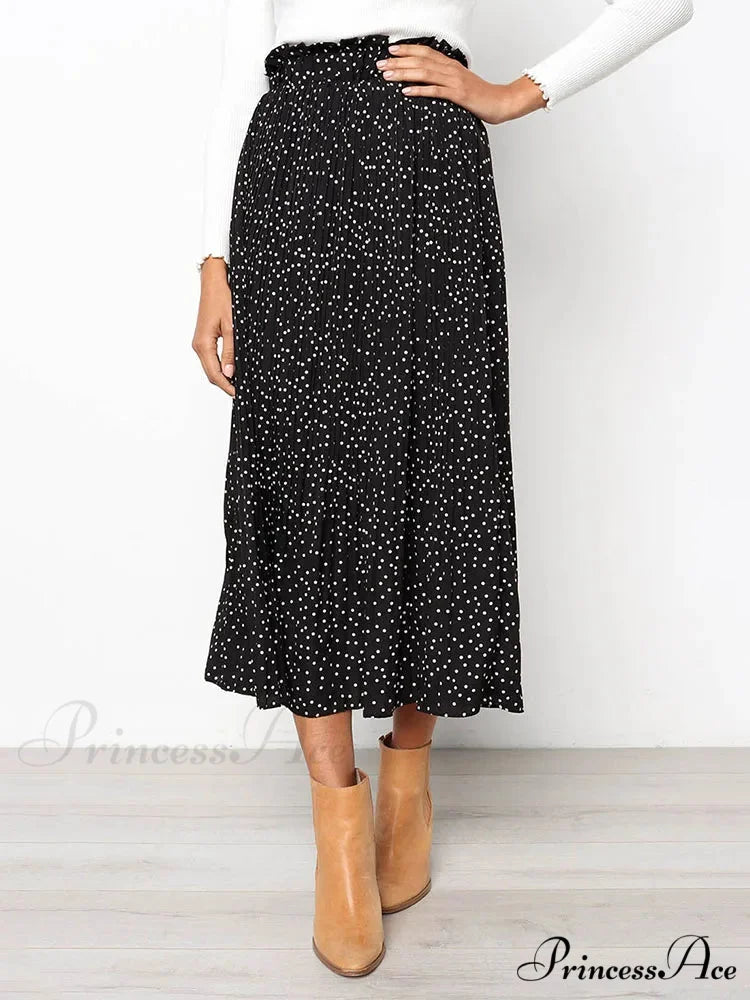 White Spots Floral Pattern Pleated Midi Skirt with Pockets