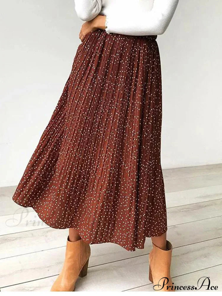 White Spots Floral Pattern Pleated Midi Skirt with Pockets
