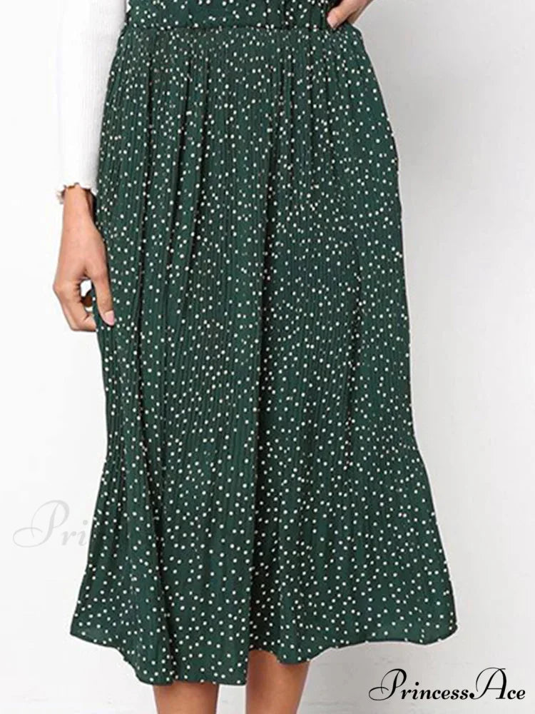 White Spots Floral Pattern Pleated Midi Skirt with Pockets