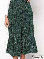White Spots Floral Pattern Pleated Midi Skirt with Pockets