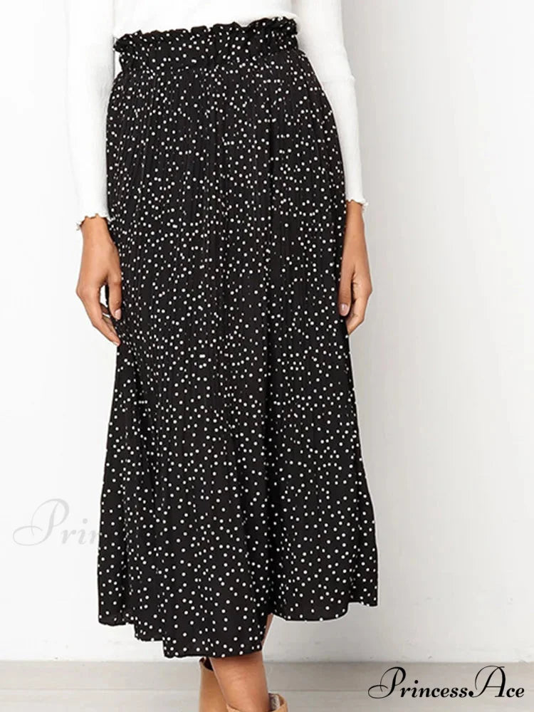 White Spots Floral Pattern Pleated Midi Skirt with Pockets