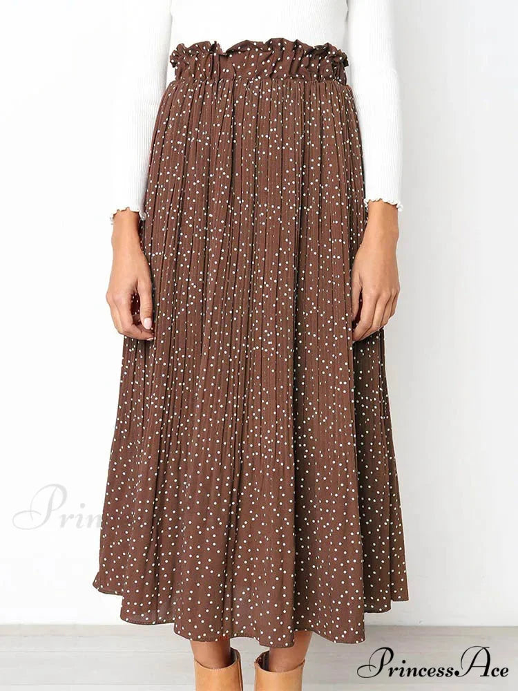 White Spots Floral Pattern Pleated Midi Skirt with Pockets