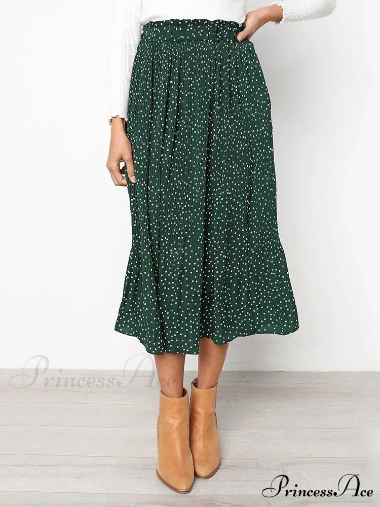 White Spots Floral Pattern Pleated Midi Skirt with Pockets