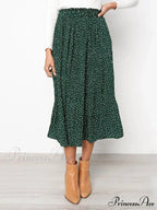 White Spots Floral Pattern Pleated Midi Skirt with Pockets