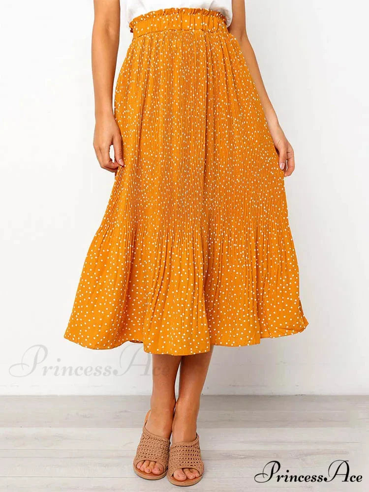 White Spots Floral Pattern Pleated Midi Skirt with Pockets