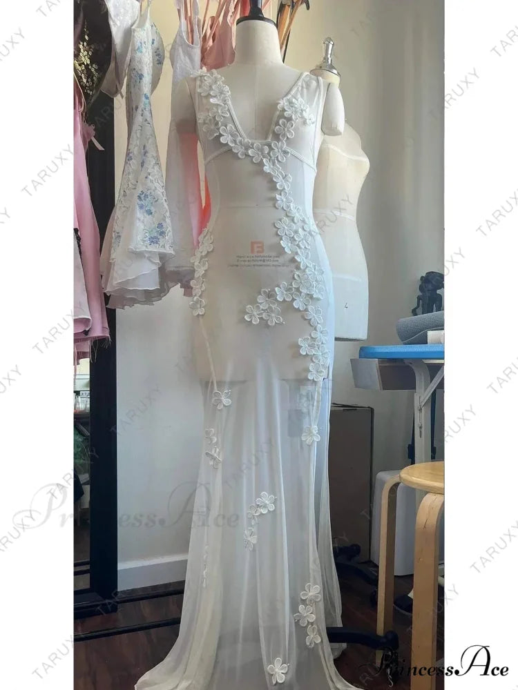 White Summer Lace Chiffon Wedding Party Night Vestidos Cover-up Floral Dress