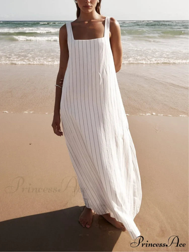 White With Charcoal Charming Pinstripe Maxi Dress