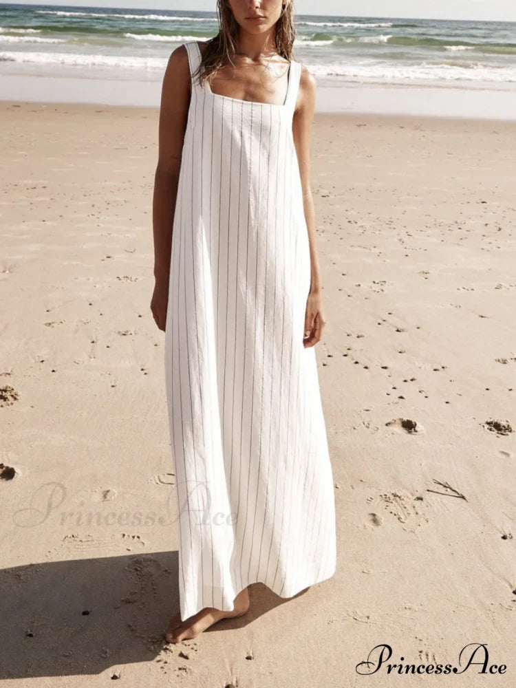 White With Charcoal Charming Pinstripe Maxi Dress
