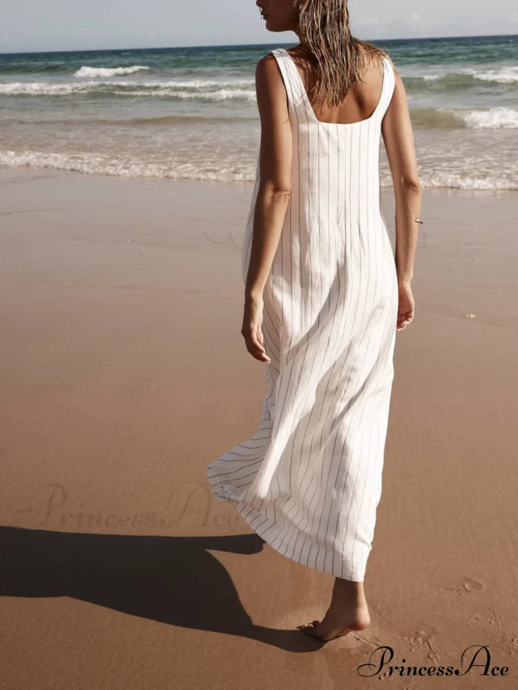 White With Charcoal Charming Pinstripe Maxi Dress