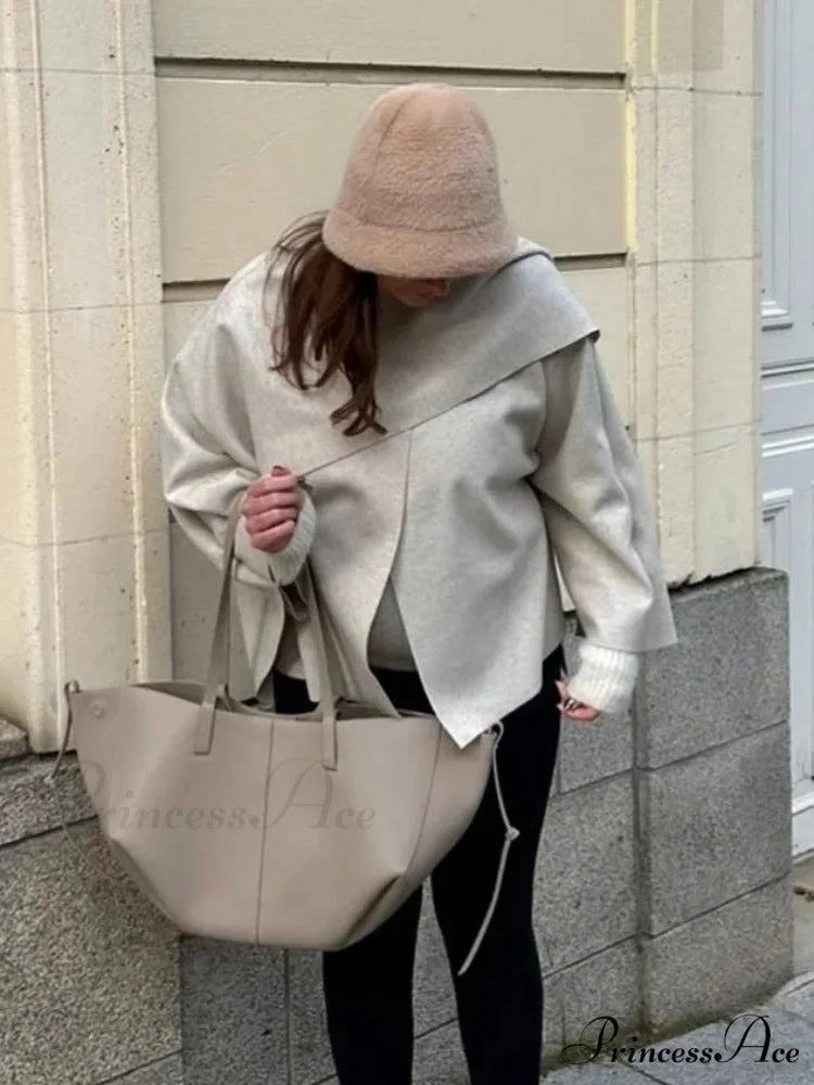 White Woolen Overcoat with Scarf Collar