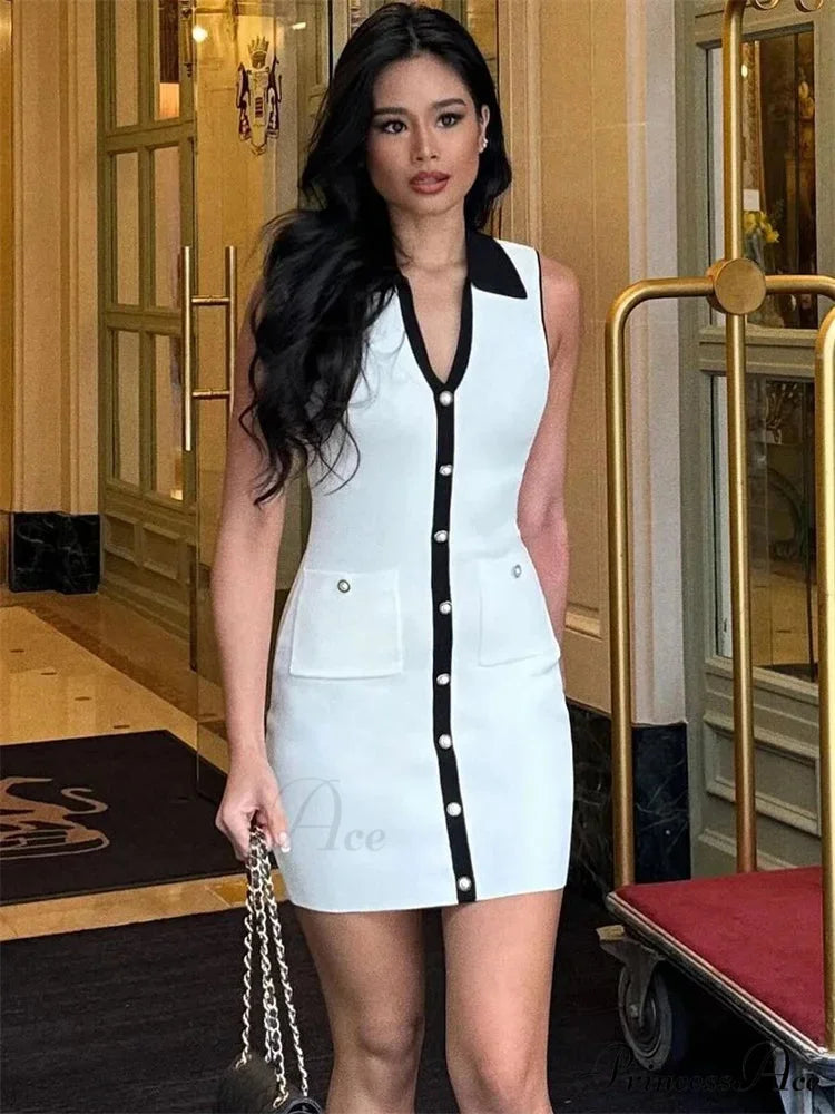 White Woven Collar Short Dress