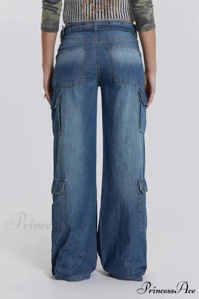 Wide Leg High Waist Patchwork Baggy Cargo Streetwear Y2k Vintage Denim Jean Stylish Loose High Waist Solid Color Casual Wild Wide Leg Multi Pockets Jean 2024 New Skinny Elastic Denim High-Waisted European American Style Pack Hip Pencil Jean