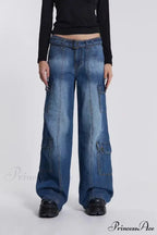 Wide Leg High Waist Patchwork Baggy Cargo Streetwear Y2k Vintage Denim Jean Stylish Loose High Waist Solid Color Casual Wild Wide Leg Multi Pockets Jean 2024 New Skinny Elastic Denim High-Waisted European American Style Pack Hip Pencil Jean