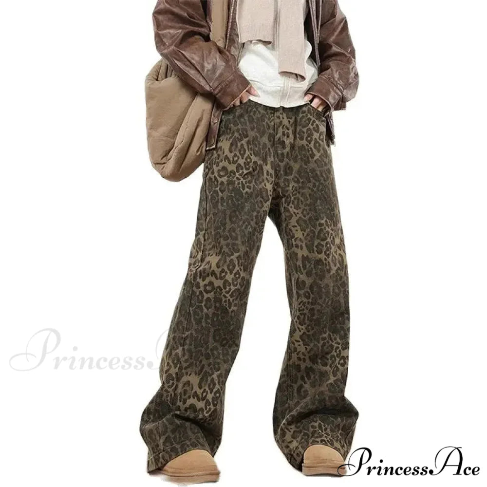 Wide Leg Leopard Print Women 2024 Y2K High Waisted Fashion Streetwear Retro Denim Baggy Casual Straight Jean