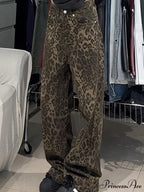 Wide Leg Leopard Print Women High Waisted 2024 Y2k Fashion Streetwear Retro Denim Baggy Casual Straight Jean