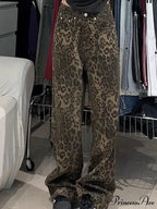 Wide Leg Leopard Print Women High Waisted 2024 Y2k Fashion Streetwear Retro Denim Baggy Casual Straight Jean