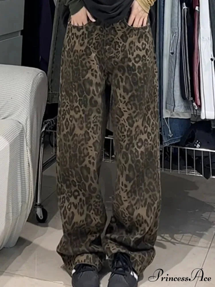 Wide Leg Leopard Print Women High Waisted 2024 Y2k Fashion Streetwear Retro Denim Baggy Casual Straight Jean