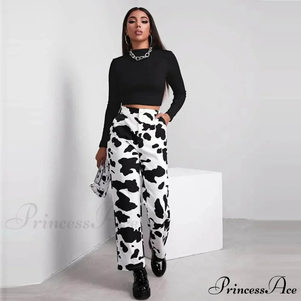 Wide Leg Waist White Cow Print Jeans