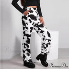 Wide Leg Waist White Cow Print Jeans
