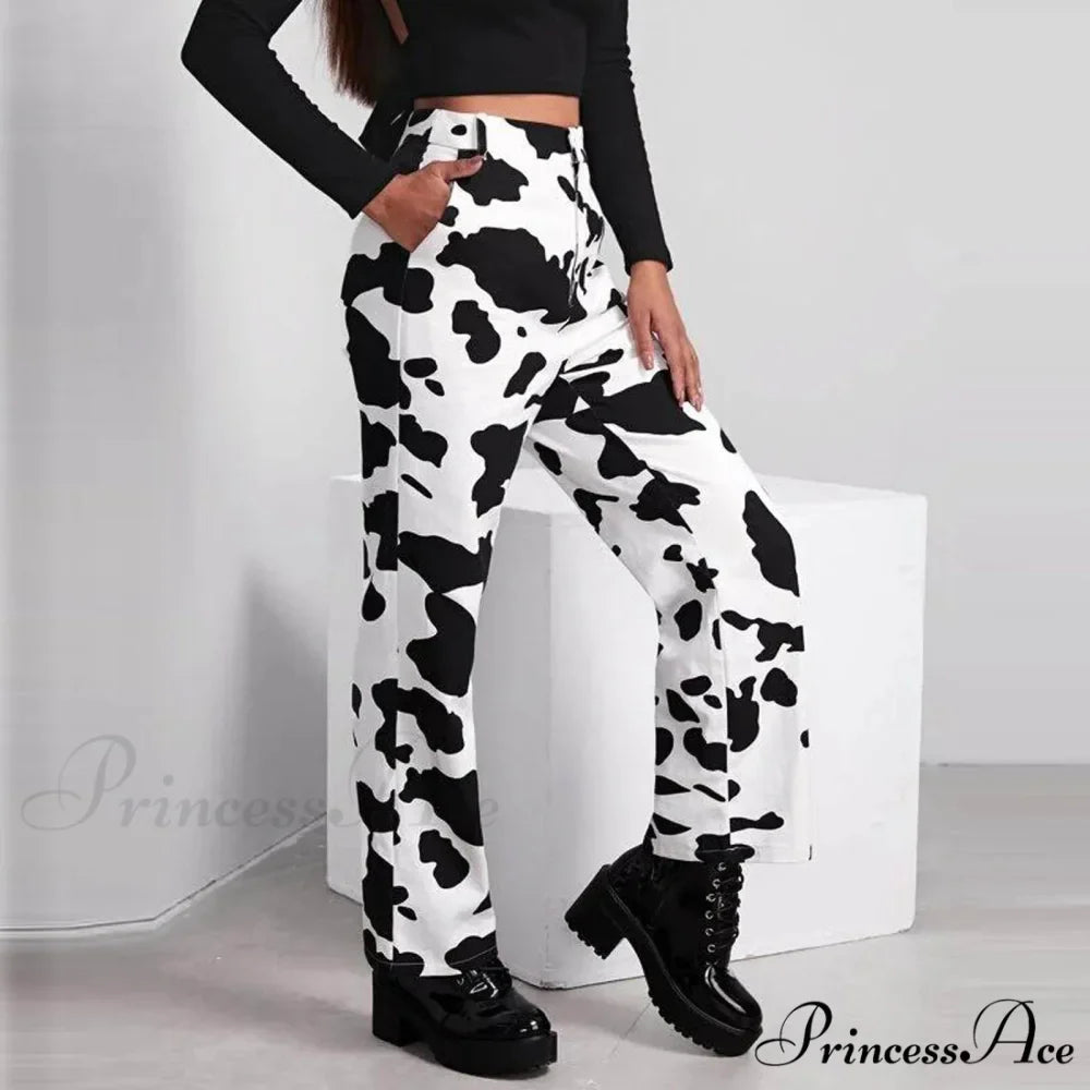 Wide Leg Waist White Cow Print Jeans