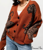 Wildcat Pattern Button-Up Knit Cardigan