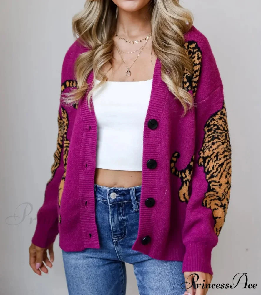 Wildcat Pattern Button-Up Knit Cardigan