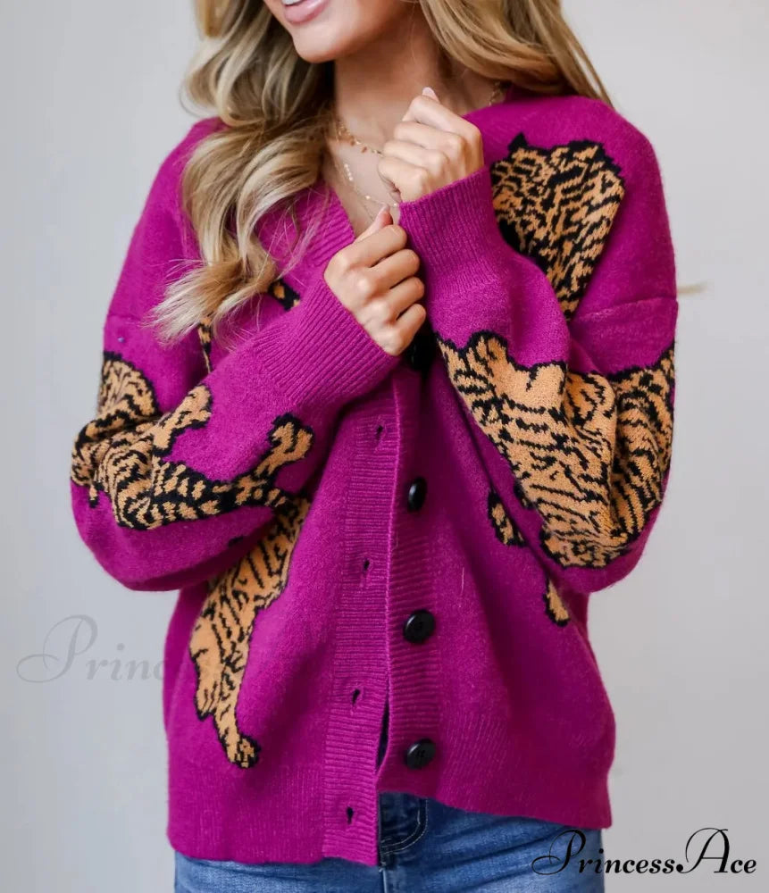 Wildcat Pattern Button-Up Knit Cardigan