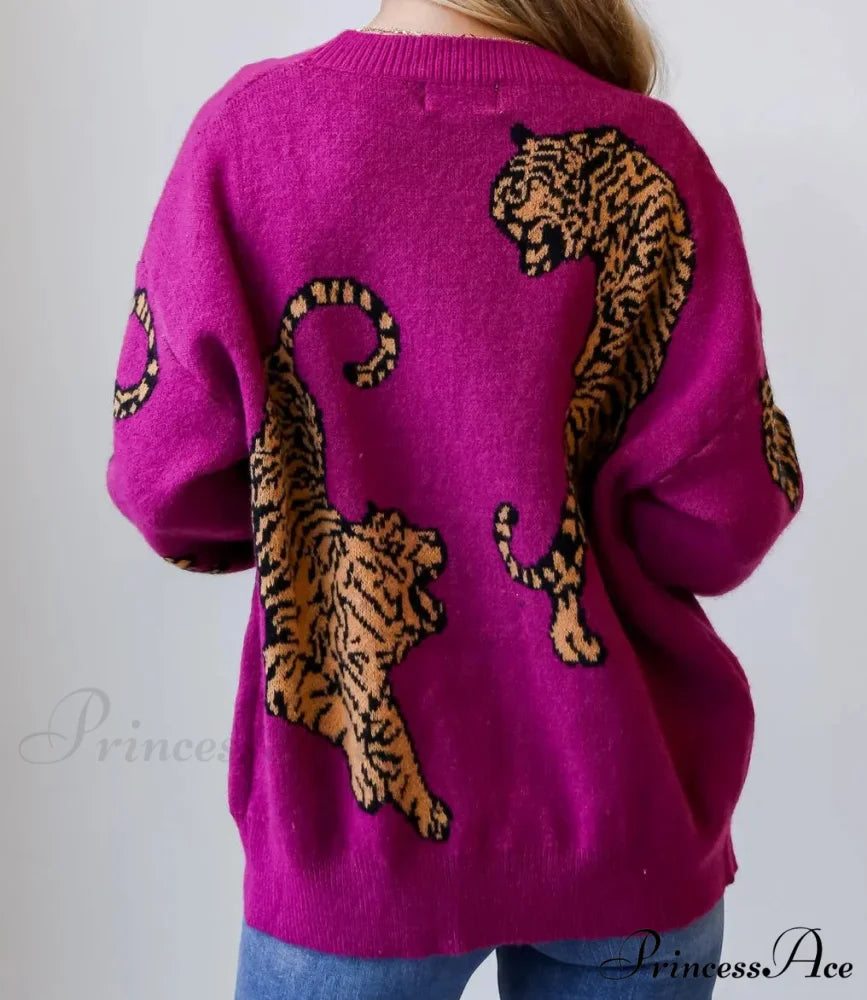Wildcat Pattern Button-Up Knit Cardigan