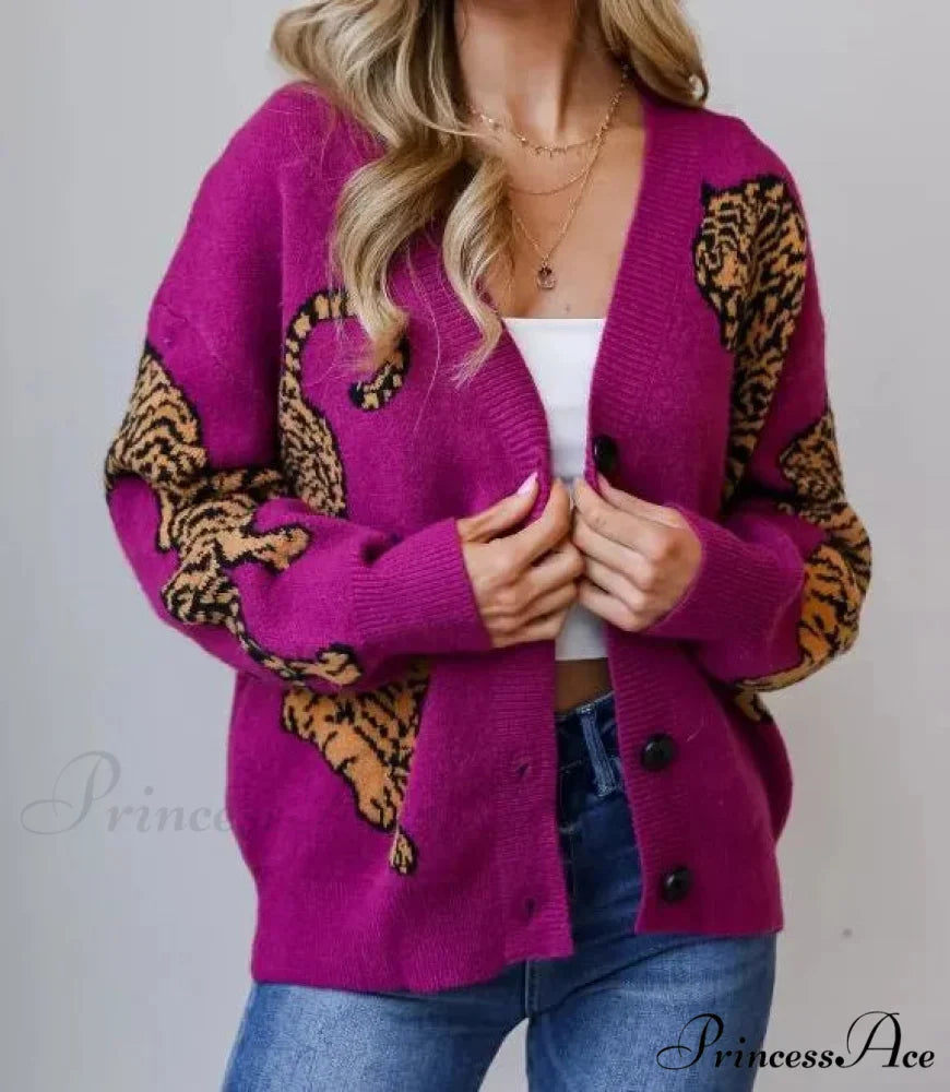 Wildcat Pattern Button-Up Knit Cardigan