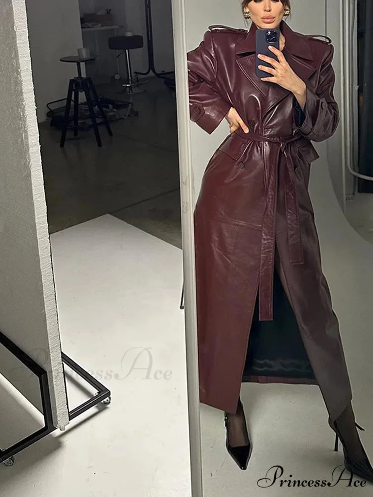 Wine Red Belted Lapel Double Breasted Coat