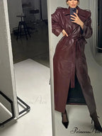 Wine Red Belted Lapel Double Breasted Coat