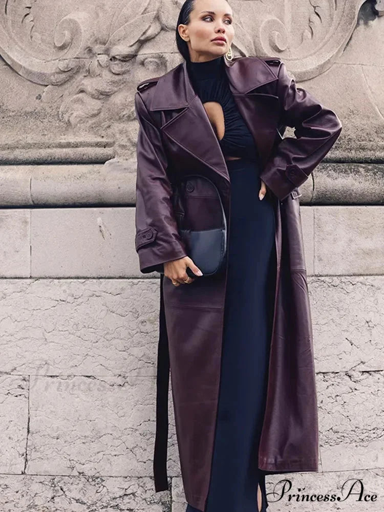 Wine Red Belted Lapel Double Breasted Coat