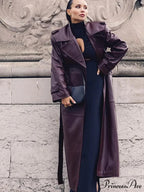 Wine Red Belted Lapel Double Breasted Coat