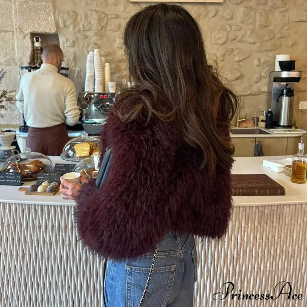Wine Red Cropped Faux Fur Coat