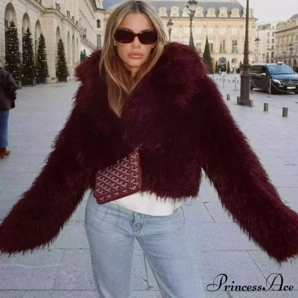 Wine Red Cropped Faux Fur Coat